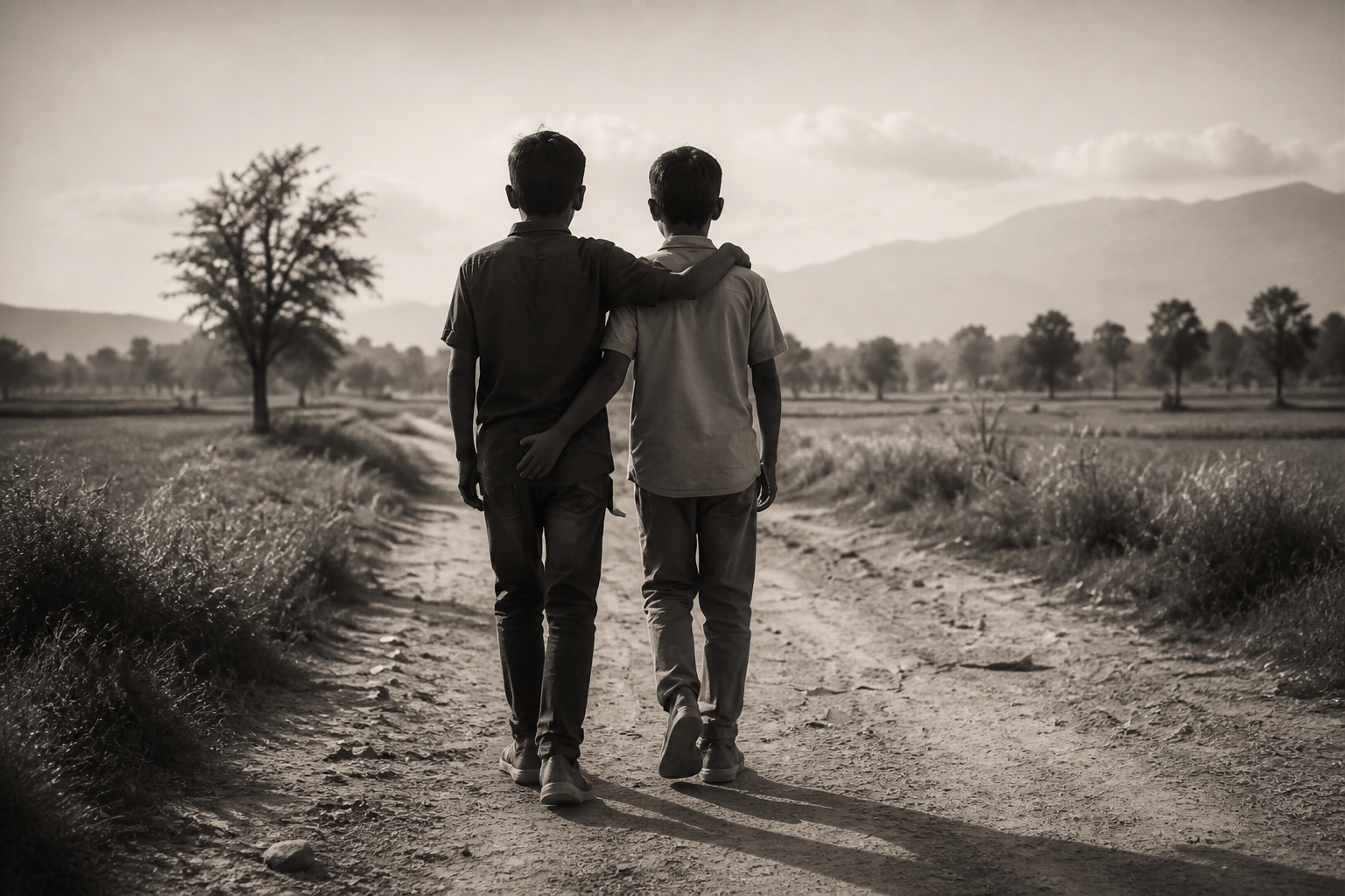Two children walking down a rural road toward the hills